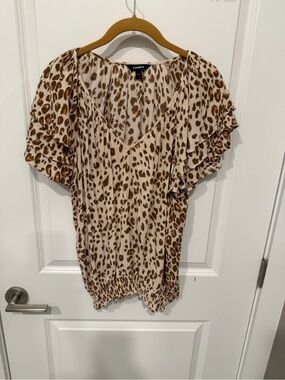 Express Beige and Brown Leopard Ruffle V-Neck Top